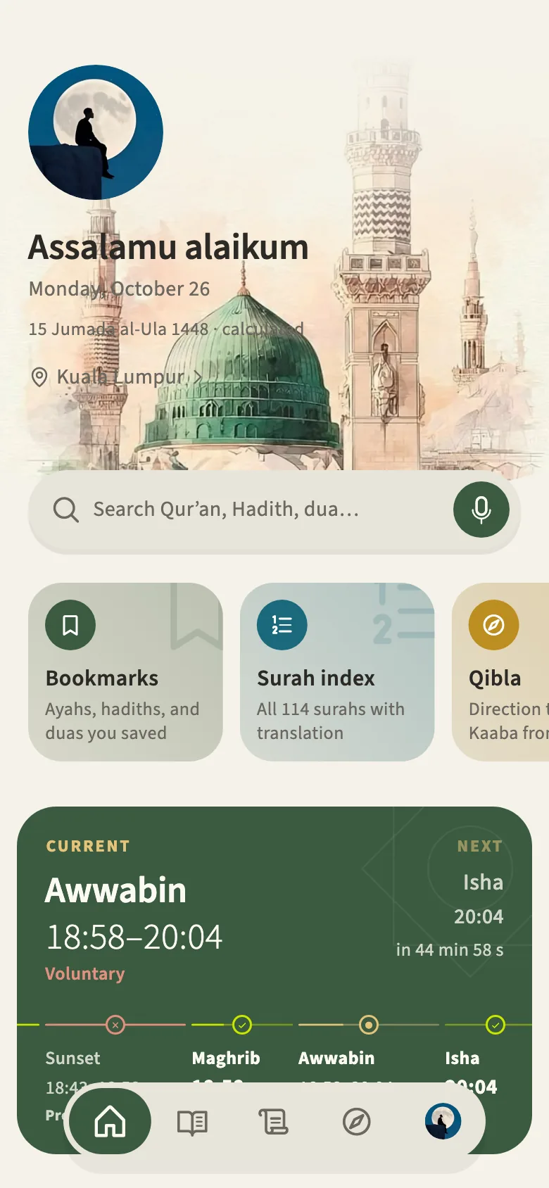 Ayahora home, with prayer times and continue reading